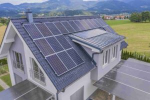 Aerial view house with solar panels