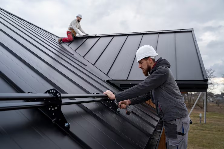 Men working roof together