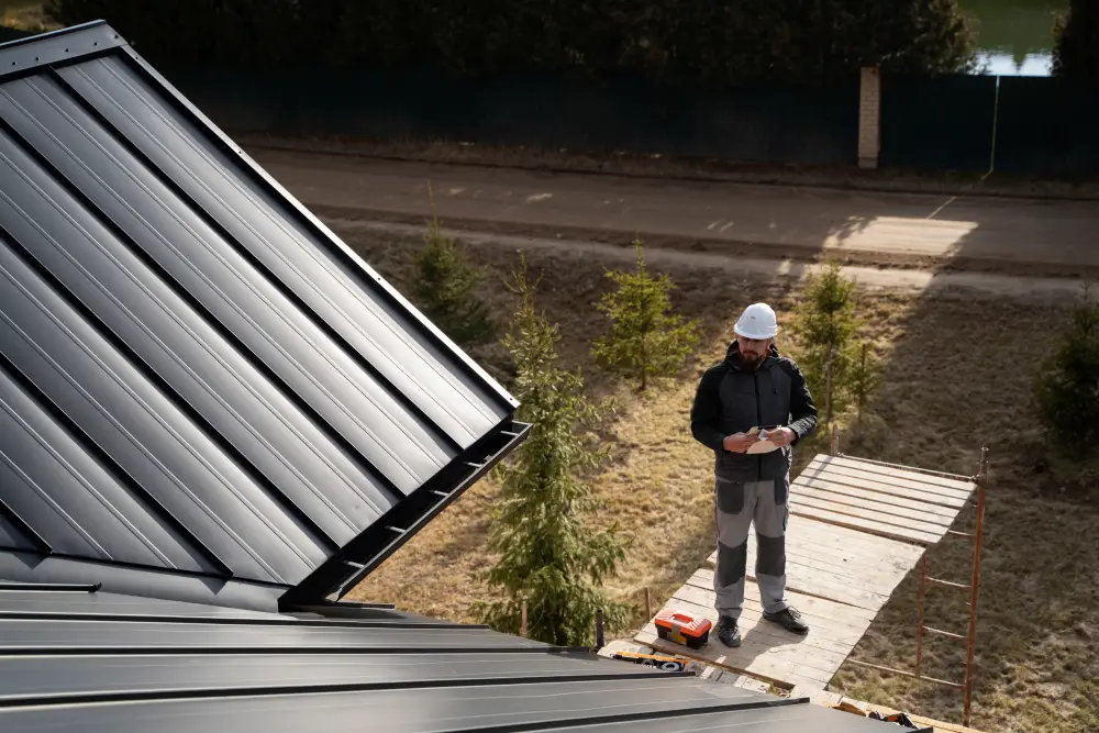 full shot man wearing protection helmet inspecting the roof
