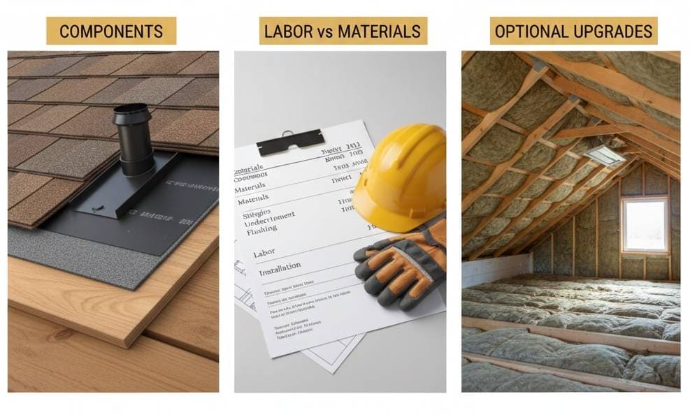 A three-panel infographic titled "What Is Included in Roof Replacement?" from ASPHALTREPAIRSOLUTIONS.COM. The first panel, labeled "Components," shows a detailed cross-section of a roof with underlayment, flashing, and shingles. The second panel, "Labor vs Materials," shows an itemized invoice next to a yellow hard hat and work gloves. The third panel, "Optional Upgrades," shows a newly insulated attic space with a skylight.