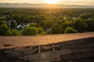 A two-story white residential home in Pleasant Valley undergoing a full roof replacement. Several professional roofers in safety gear are on the roof and scaffolding, removing old shingles and installing new ones. A large black disposal dumpster filled with debris sits in the driveway, and a blossoming white tree and green lawn are visible in the foreground.