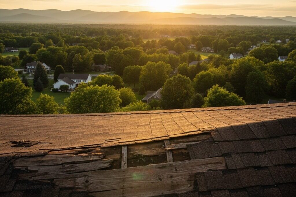 A two-story white residential home in Pleasant Valley undergoing a full roof replacement. Several professional roofers in safety gear are on the roof and scaffolding, removing old shingles and installing new ones. A large black disposal dumpster filled with debris sits in the driveway, and a blossoming white tree and green lawn are visible in the foreground.