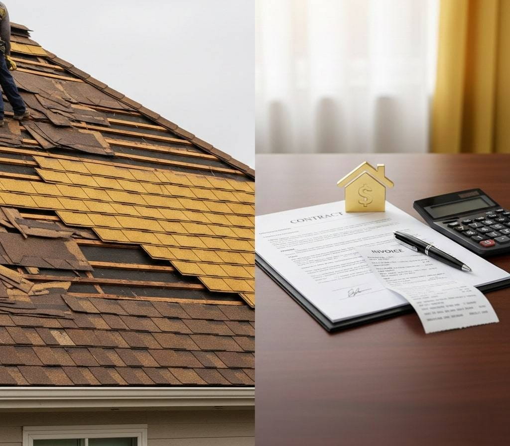 A split-screen image illustrating the roofing process and financial documentation. The left side shows a close-up of a residential roof undergoing a partial shingle removal to expose the wooden slats beneath. The right side shows a professional office setting with an itemized contract, an invoice, a pen, a calculator, and a small gold house-shaped icon with a dollar sign on top.