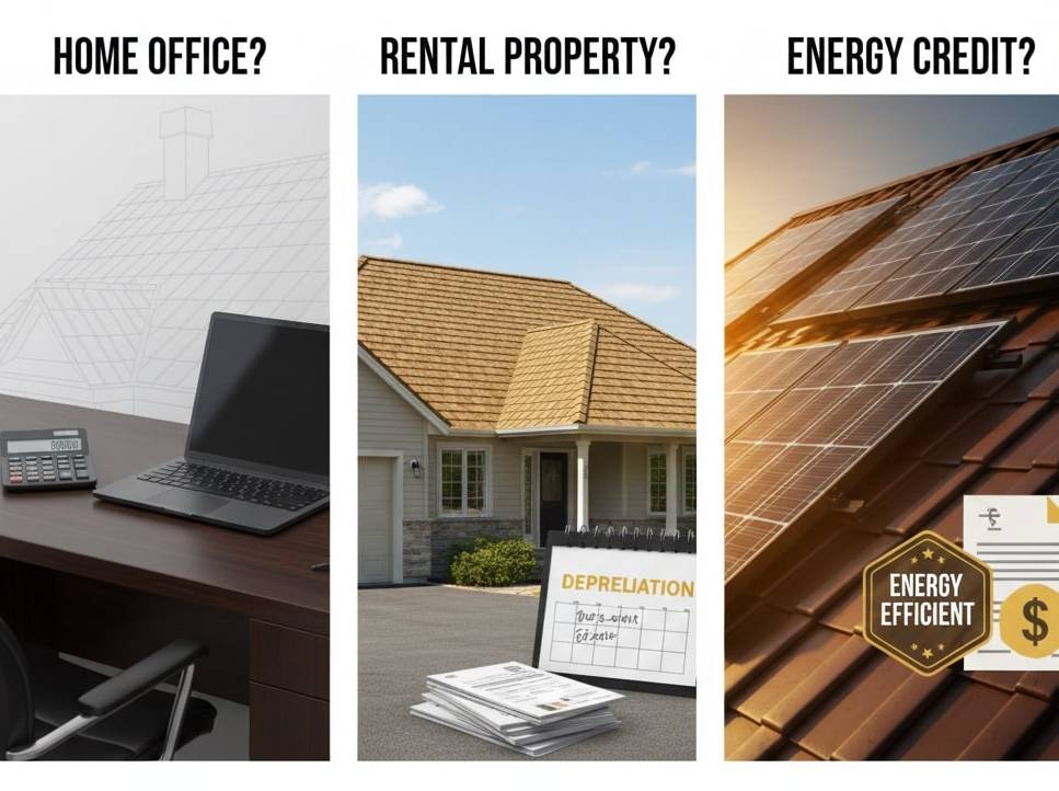 A three-panel infographic titled "When Can I Claim a New Roof on My Taxes?" featuring three scenarios. 1) "Home Office?" shows a desk with a laptop and calculator in front of a house blueprint; 2) "Rental Property?" shows a residential home with a calendar labeled "Depreciation" and a stack of tax documents; 3) "Energy Credit?" shows solar panels on a brown shingled roof with an "Energy Efficient" seal and a dollar sign icon.