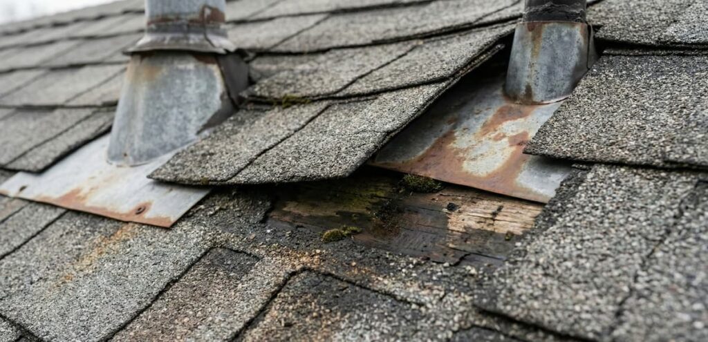 Damaged asphalt shingles roof with rusted flashing and rotten wood