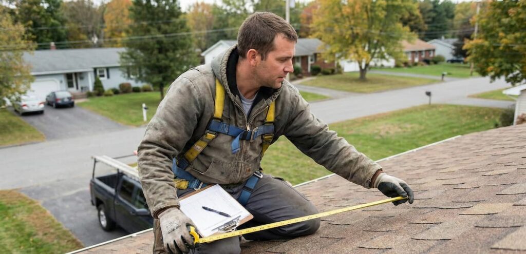 Roofing contractor measuring shingles with tape and clipboard