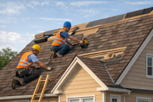 Two roofers installing asphalt shingles on a house under a partly cloudy sky — image for article "How Long Do Different Roofing Materials Really Last?