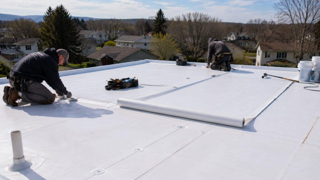 Two roofing contractors installing white PVC membrane on a flat residential roof.