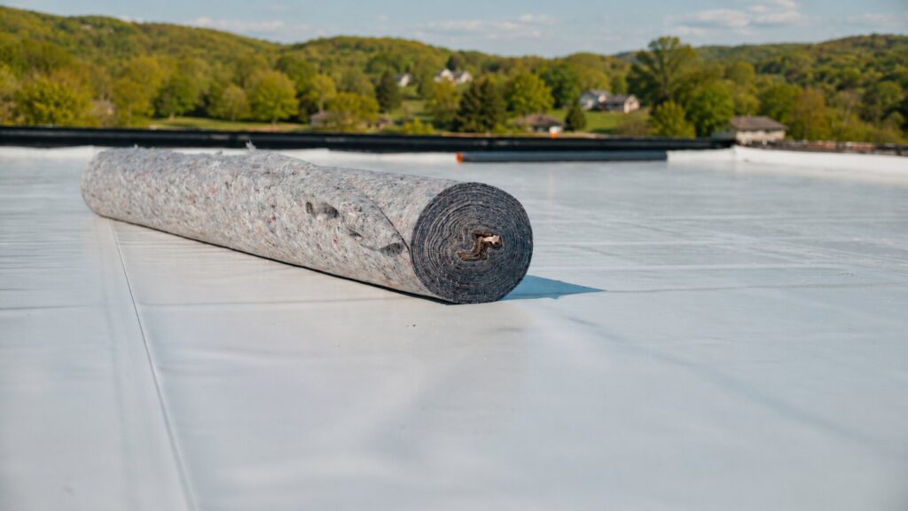 Rolled roofing material resting on a white PVC flat roof with wooded hills and homes in the background.