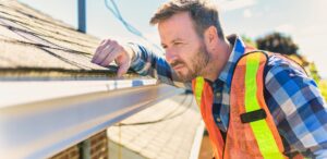 a safety worker inspecting shingles and gutters on a roof