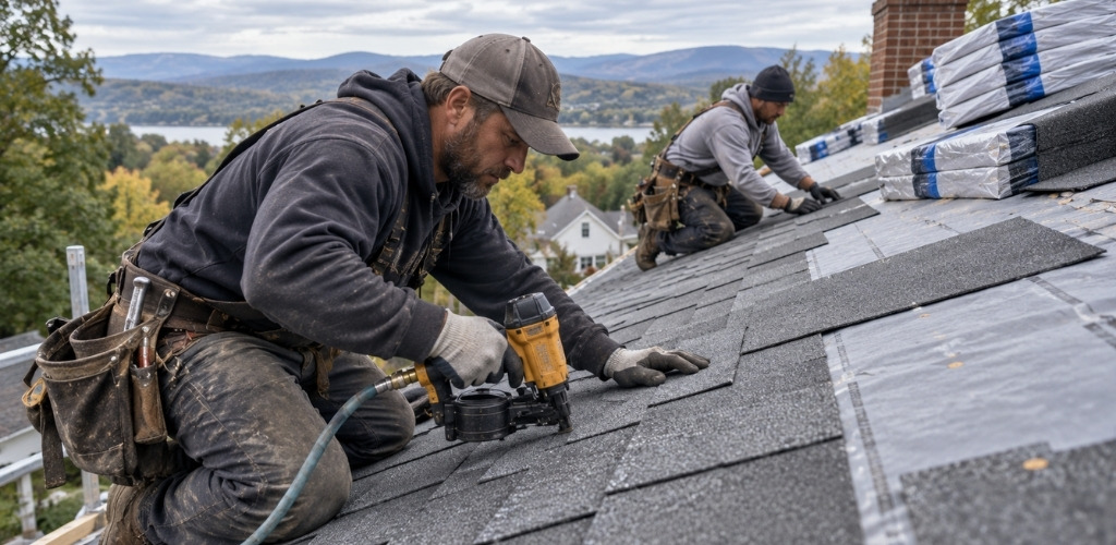 contractors are carefully aligning and nailing down heavy gray architectural shingles