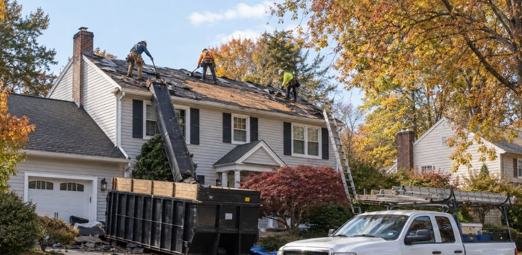 roofers wearing tool belts
