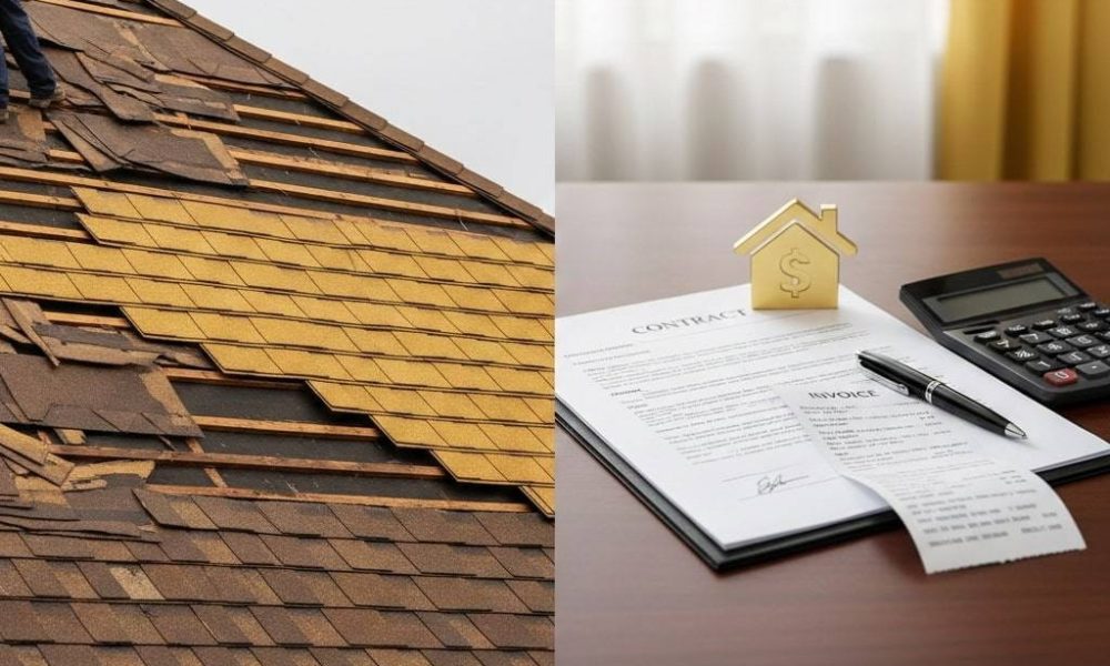 A split-screen image illustrating the roofing process and financial documentation. The left side shows a close-up of a residential roof undergoing a partial shingle removal to expose the wooden slats beneath. The right side shows a professional office setting with an itemized contract, an invoice, a pen, a calculator, and a small gold house-shaped icon with a dollar sign on top.