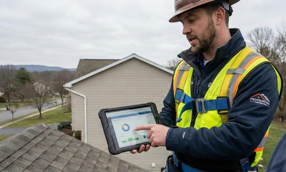 roofing-contractor-showing-tablet-estimate-on-roof